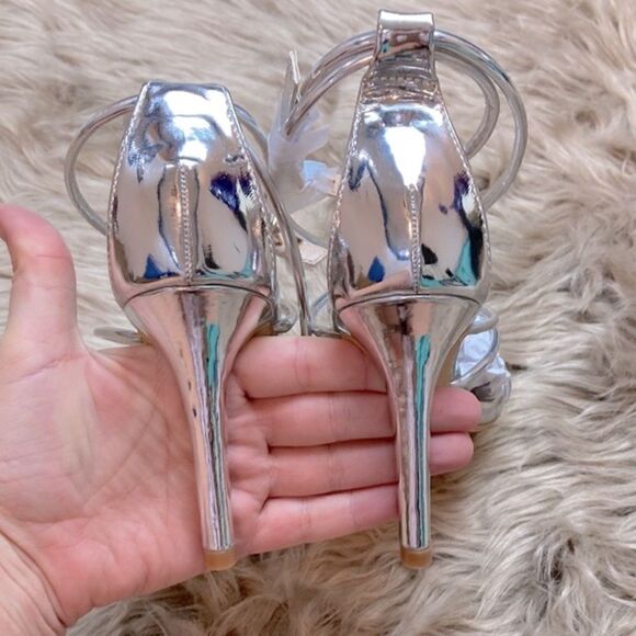 Allegra K Silver Open Toe Ankle Strappy Stiletto Heel Sandals Holiday Party Shoe - Picture 6 of 15